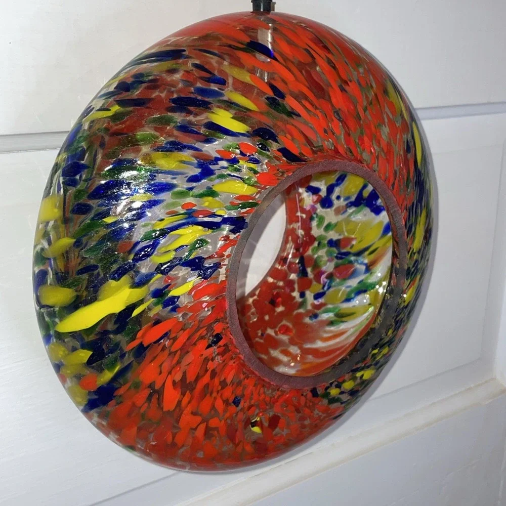 Designer Circular Doughnut‎ Hanging Art Speckled Glass Bird Feeder Hand Blown